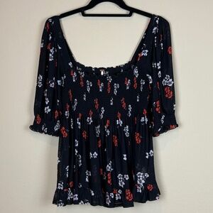 Free People Delta Dawn Black with Red/White Floral Print Stretchy/Sheer Pullover